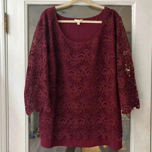 Adiva 3/4 sleeve burgandy shirt with lace overlay size 3x